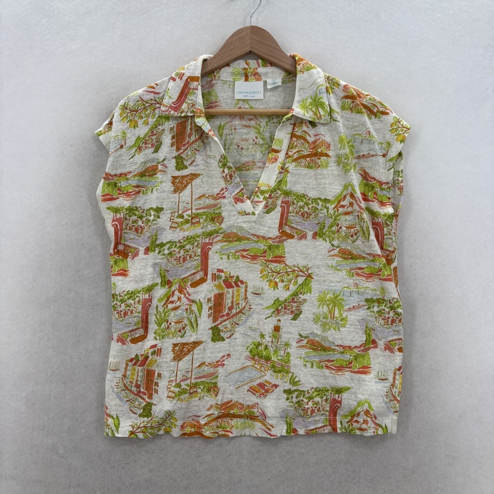 Cynthia Rowley Blouse Womens Large Multicolor Linen Tropical Collared Cap Sleeve